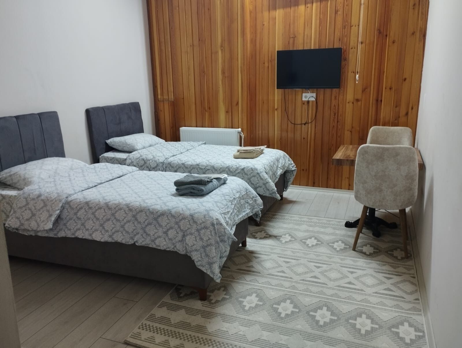 A bedroom with two beds, a TV mounted on the wall, a chair, and a patterned rug.