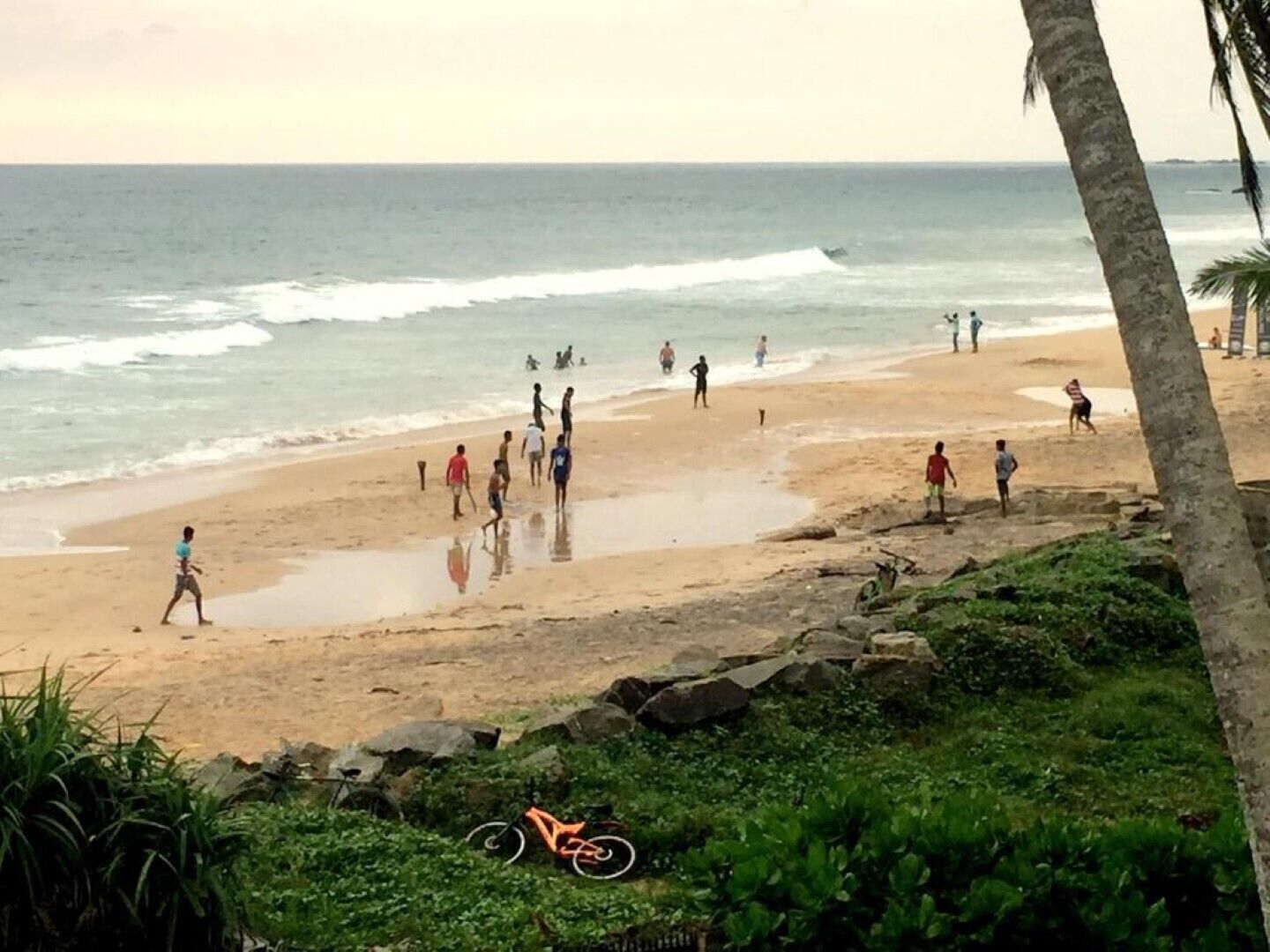 On the beach, sun-loungers