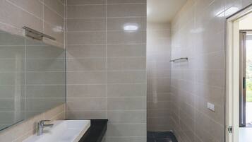 Shower, hair dryer, soap, shampoo