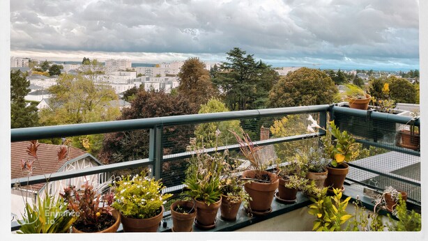 A balcony with potted plants and a view of a cityscape under a cloudy sky. - Cosy studio with panoramic terrace & parking (Tours)