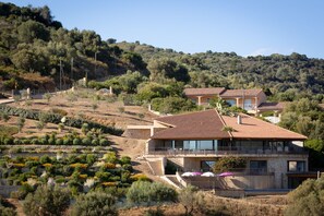 Um terreno em encosta com casas modernas, jardins em terraços e uma vista ampla da paisagem circundante.