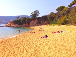 Uma praia arenosa com pessoas se banhando e tomando sol.