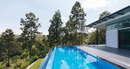 Swimming pool along the terrace, panoramic view surrounded by nature