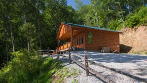 A wooden cabin with a porch, surrounded by trees and a gravel driveway.
