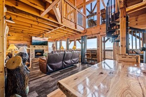 Smart TV, fireplace, books