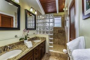 Combined shower/tub, hair dryer, towels