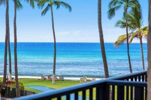 A view of a beach with palm trees and a clear blue ocean.