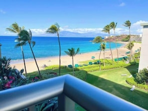 A beach view from a balcony with palm trees, a sandy beach, and ocean.