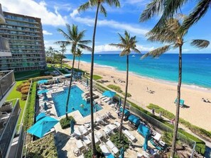 Un complexe hôtelier doté d’une piscine, d’une plage et de palmiers.