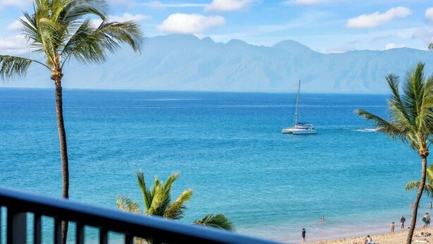 Una playa con palmeras, un velero y montañas al fondo.