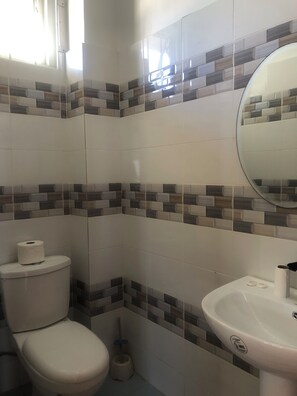 Shower, towels, soap, toilet paper