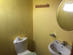Regadera, toallas, jabón, papel de baño