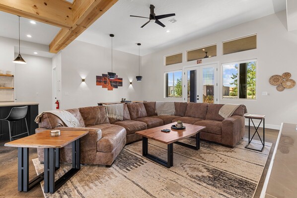 Smart TV, fireplace, books