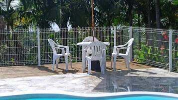 Outdoor pool, pool umbrellas, pool loungers