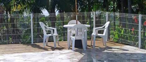 Outdoor pool, pool umbrellas, pool loungers