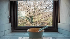A window with a view of a tree, a bowl, and a spoon on the windowsill. - Spacious 2 Bedroom Country Cottage Near Bude (Bude)