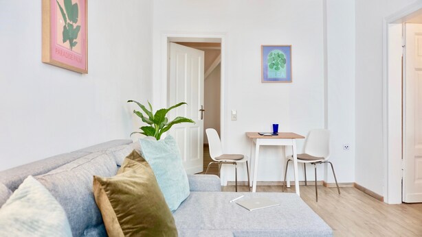 Ein modernes Wohnzimmer mit grauem Sofa, einem Blumentopf und einem Essbereich mit Tisch und Stühlen.