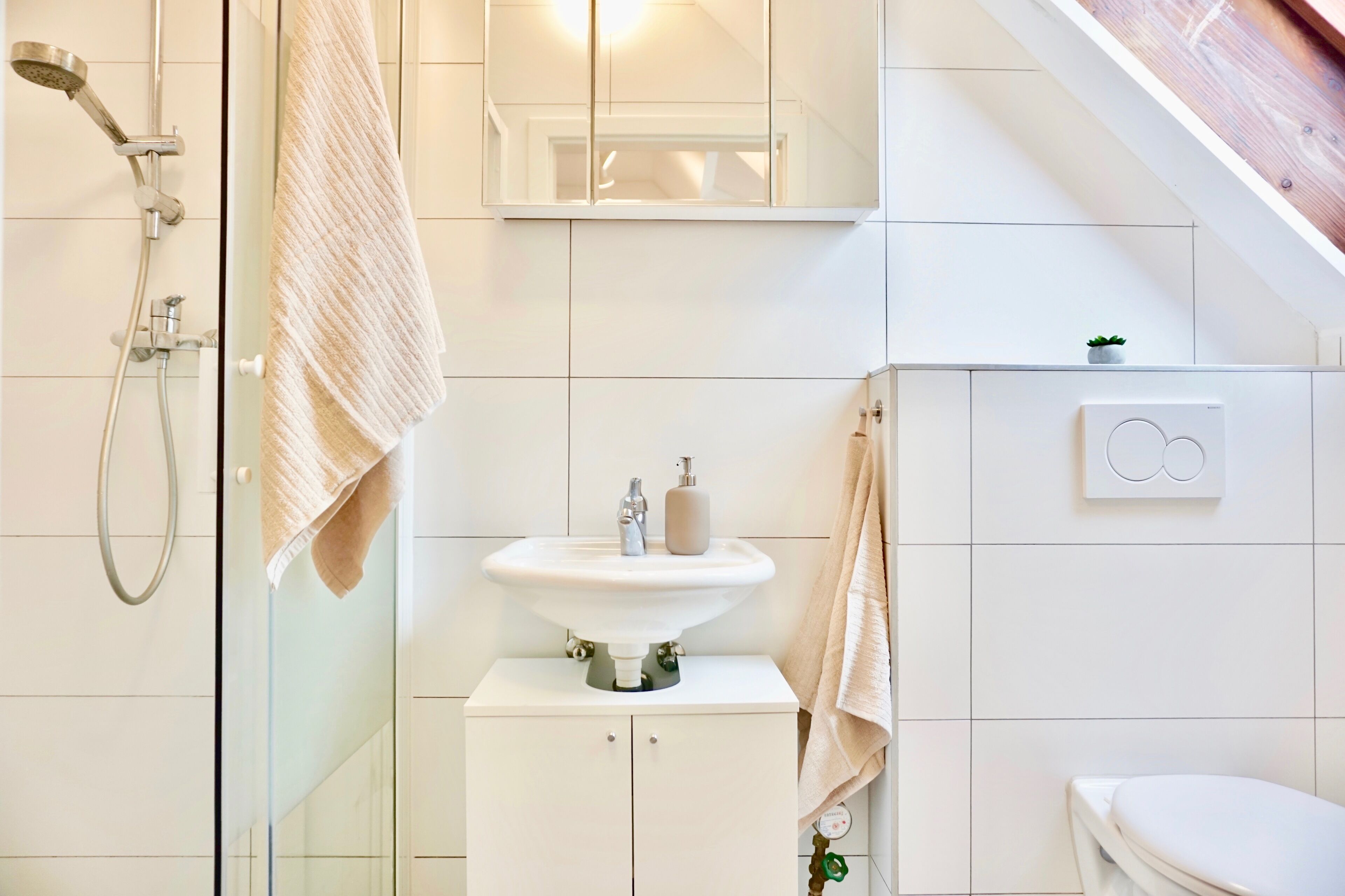 Un baño moderno con cabina de ducha de vidrio, un lavamanos blanco con espejo y un inodoro con un dispensador de papel higiénico visible.