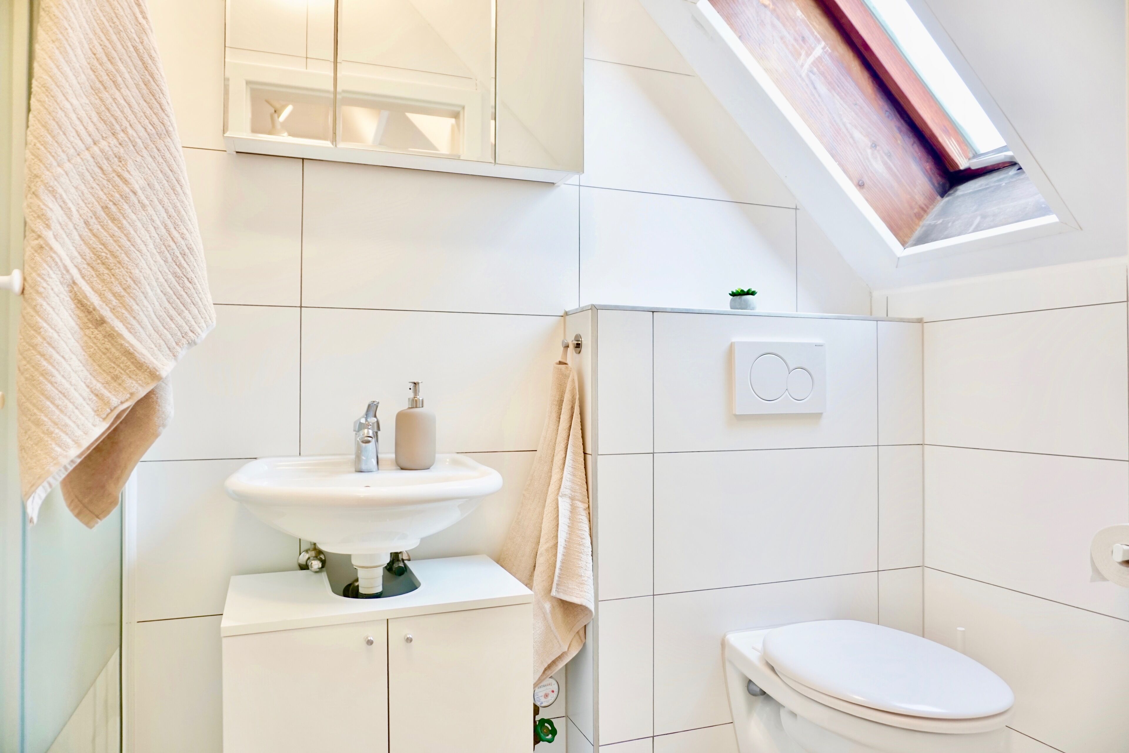 Douche, séchoir à cheveux, serviettes fournies, savon