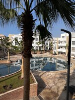 Ein Poolbereich mit Palmen, Liegestühlen und einem Reflexionsbecken.
