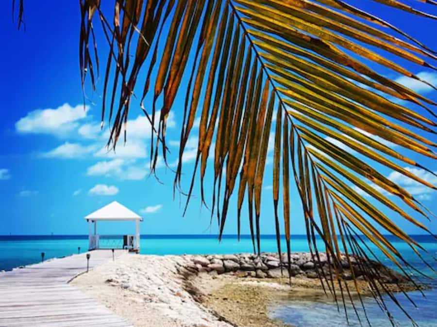 A beach with a wooden walkway leading to a white gazebo.