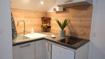 Coffee/tea maker, fridge, microwave, oven