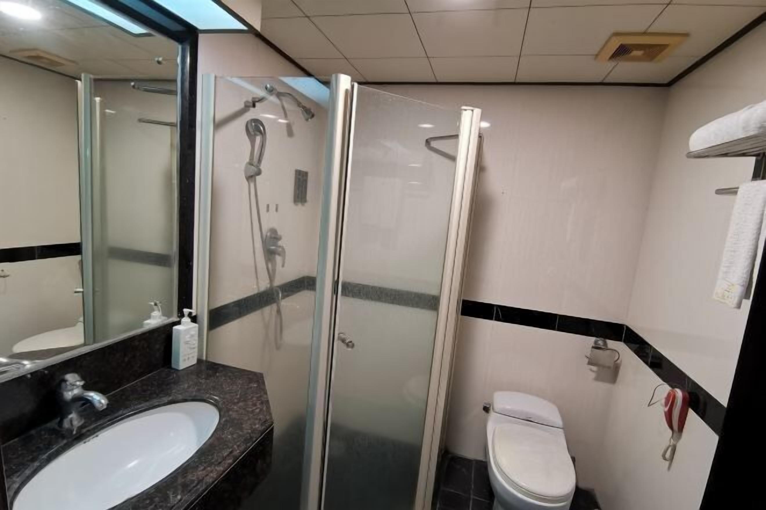 Un baño con ducha de vidrio, un lavabo blanco y un inodoro.