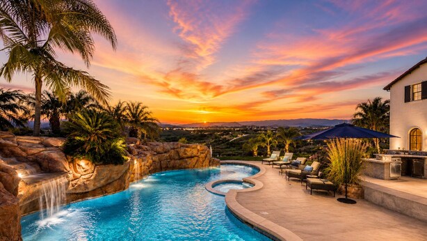 Una piscina con cascada, sillas de descanso y vistas al atardecer.
