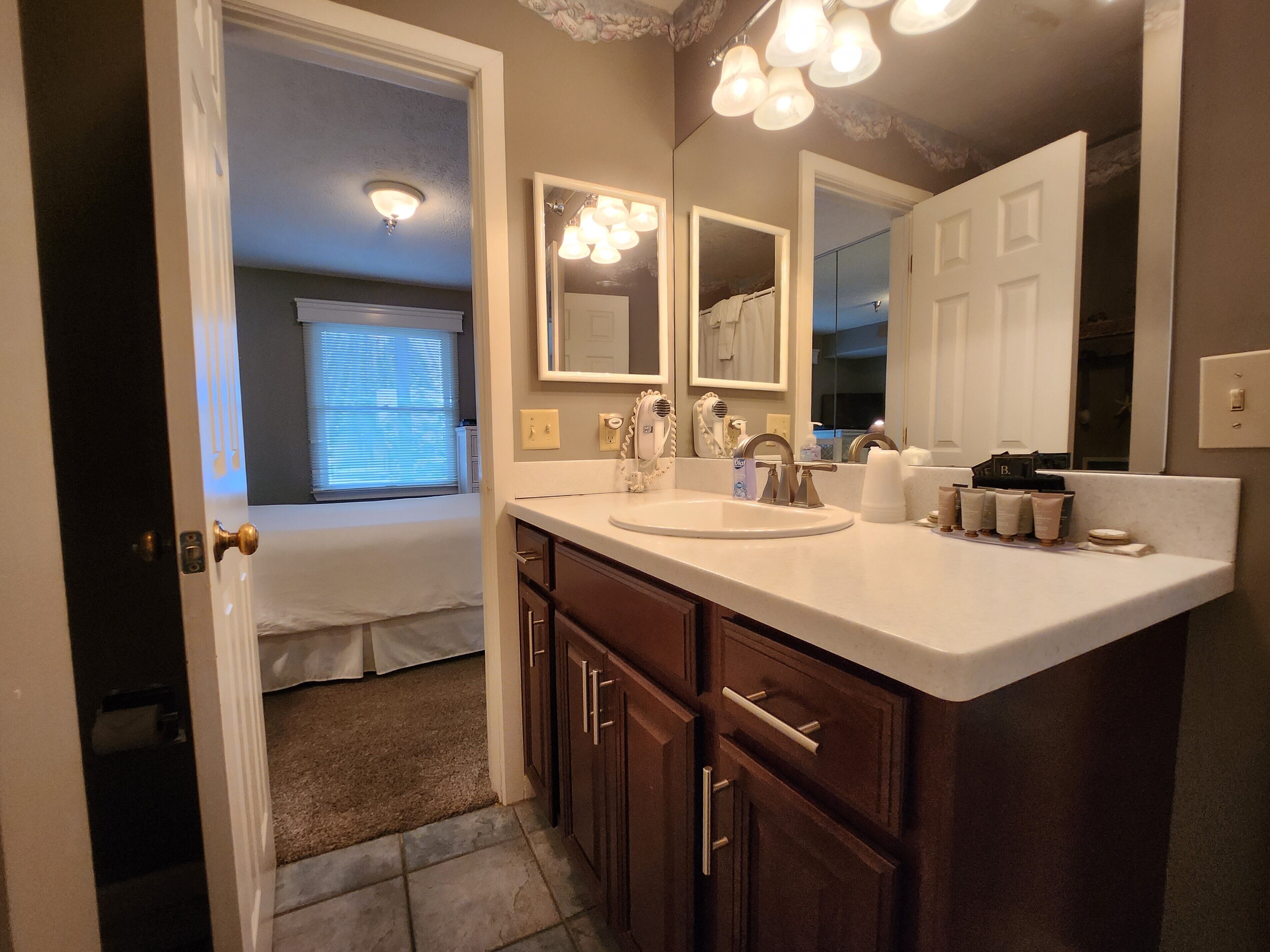 Une salle de bain avec un lavabo blanc, des meubles en bois foncé, un grand miroir et un luminaire fixé au plafond.