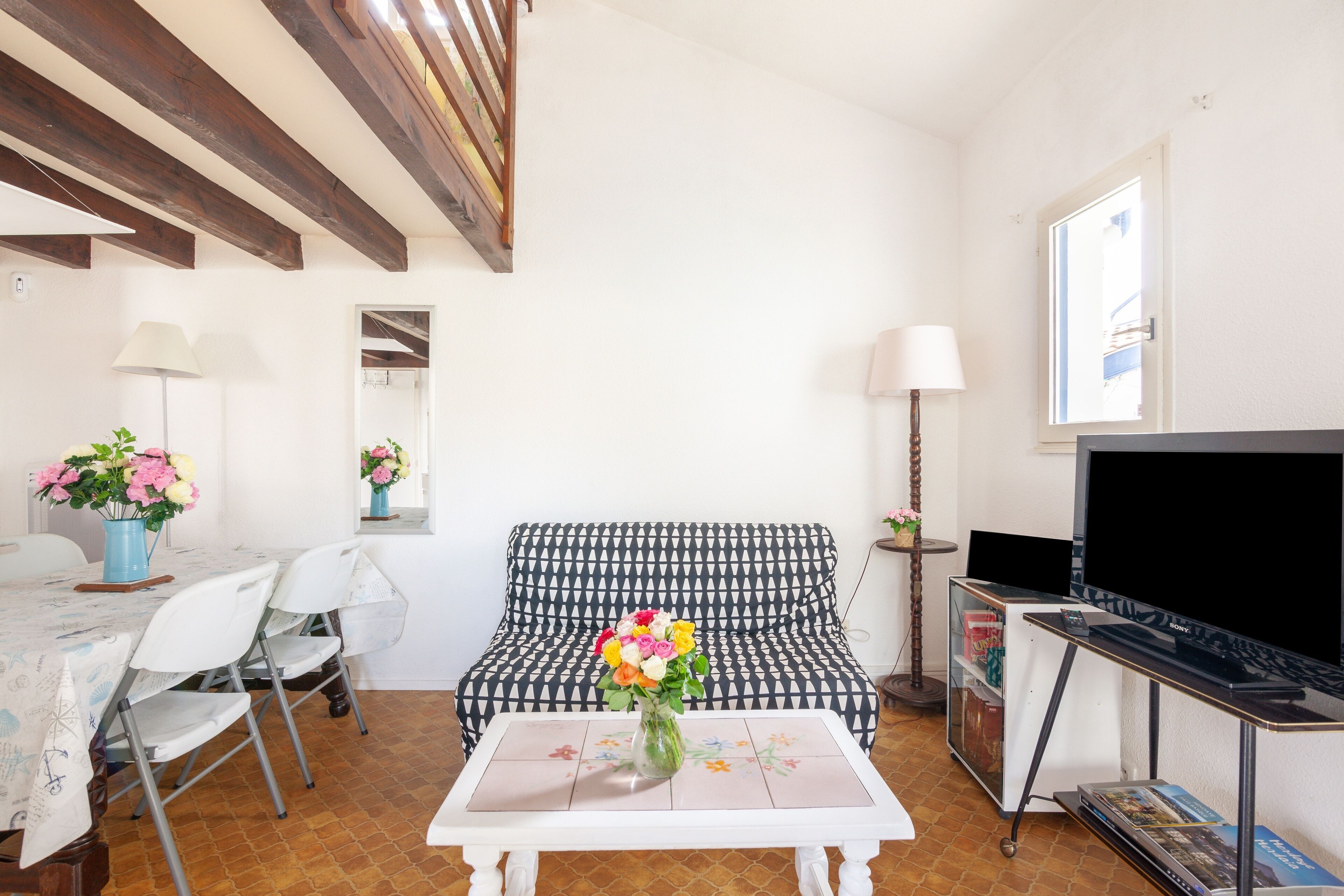 Televisión, reproductor de DVD, libros y estéreo 