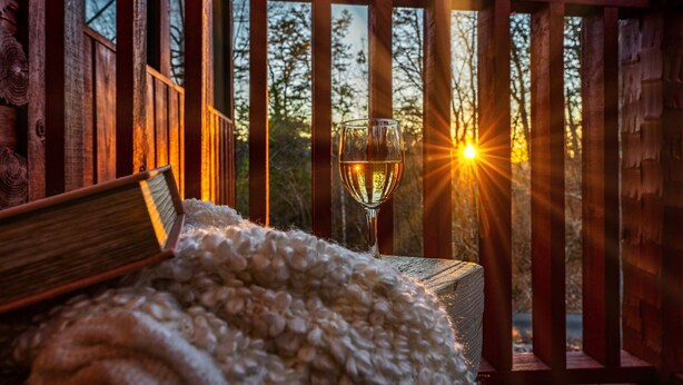 Una terraza de madera con una copa de vino y un libro, con vista a un área boscosa durante el atardecer.