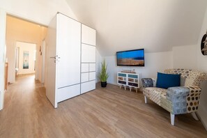TV, fireplace, video library