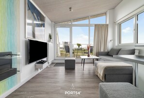 Televisión, chimenea, reproductor de DVD y estéreo 