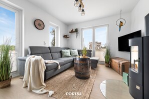 TV, fireplace, video library