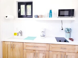 Fridge, microwave, stovetop, coffee/tea maker