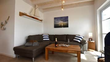 Televisio, takka, DVD-soitin, pöytätennispöytä