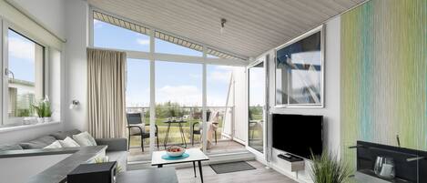 TV, caminetto, lettore DVD, impianto stereo