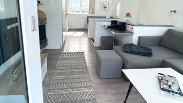 Tv, eldstad, dvd-spelare och en stereo