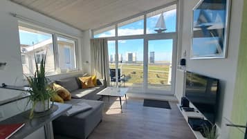 Tv, eldstad, dvd-spelare och en stereo