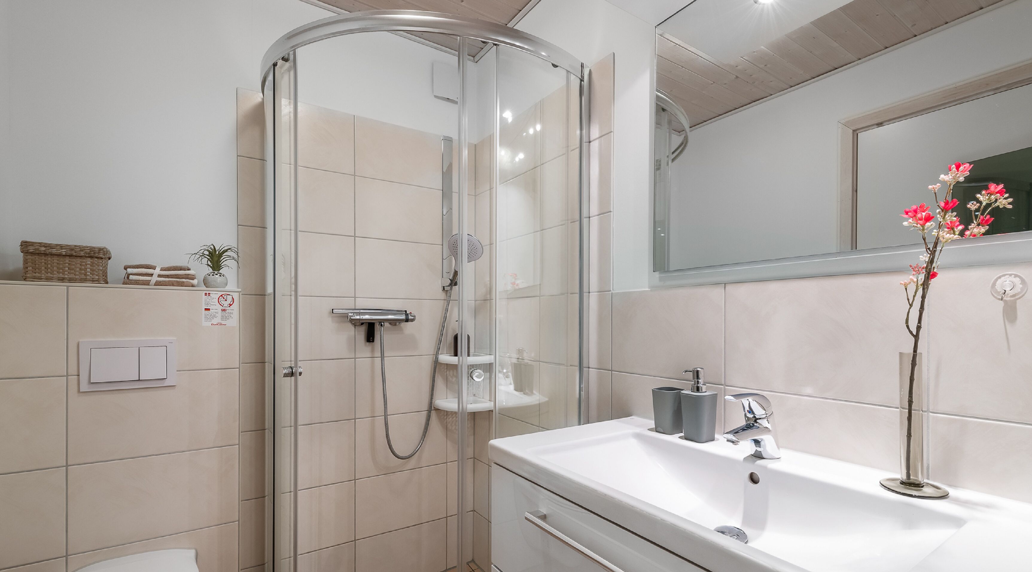 A modern bathroom with a glass-enclosed shower, a white sink, and a mirror above the sink.