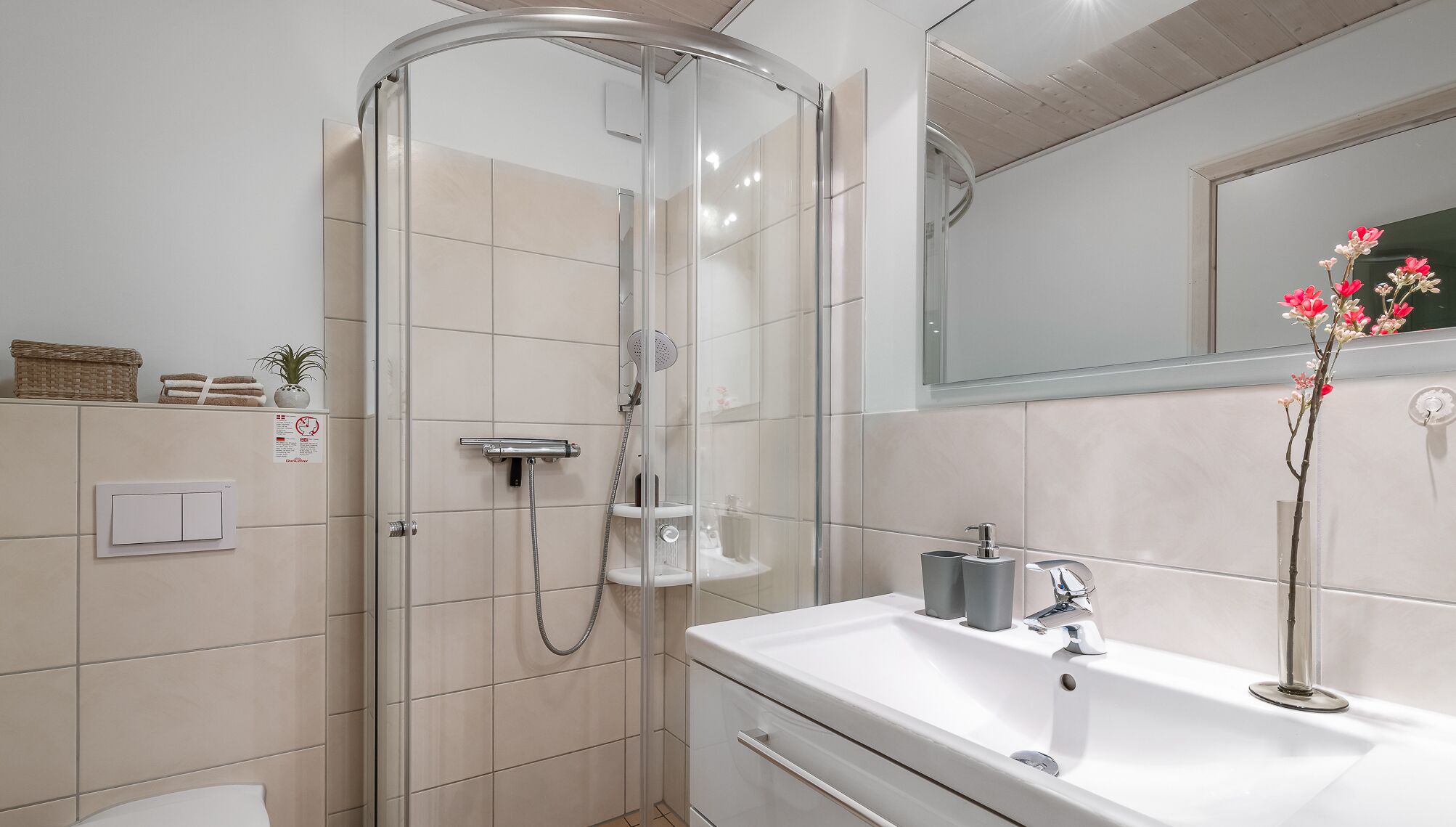 Ein modernes Badezimmer mit einer Duschkabine aus Glas, einem weißen Waschbecken und einem Spiegel darüber.
