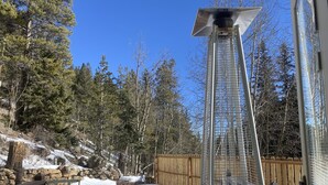 A snowy outdoor area with a metal structure, wooden deck, and trees. - Adorable Cottage in National Forest -- hiking & climbing steps from your door! (Dumont)