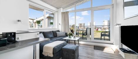 Televisión, chimenea, reproductor de DVD y estéreo