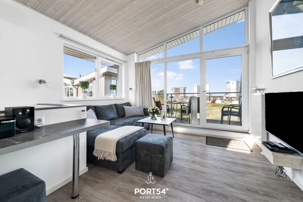 Televisión, chimenea, reproductor de DVD y estéreo 