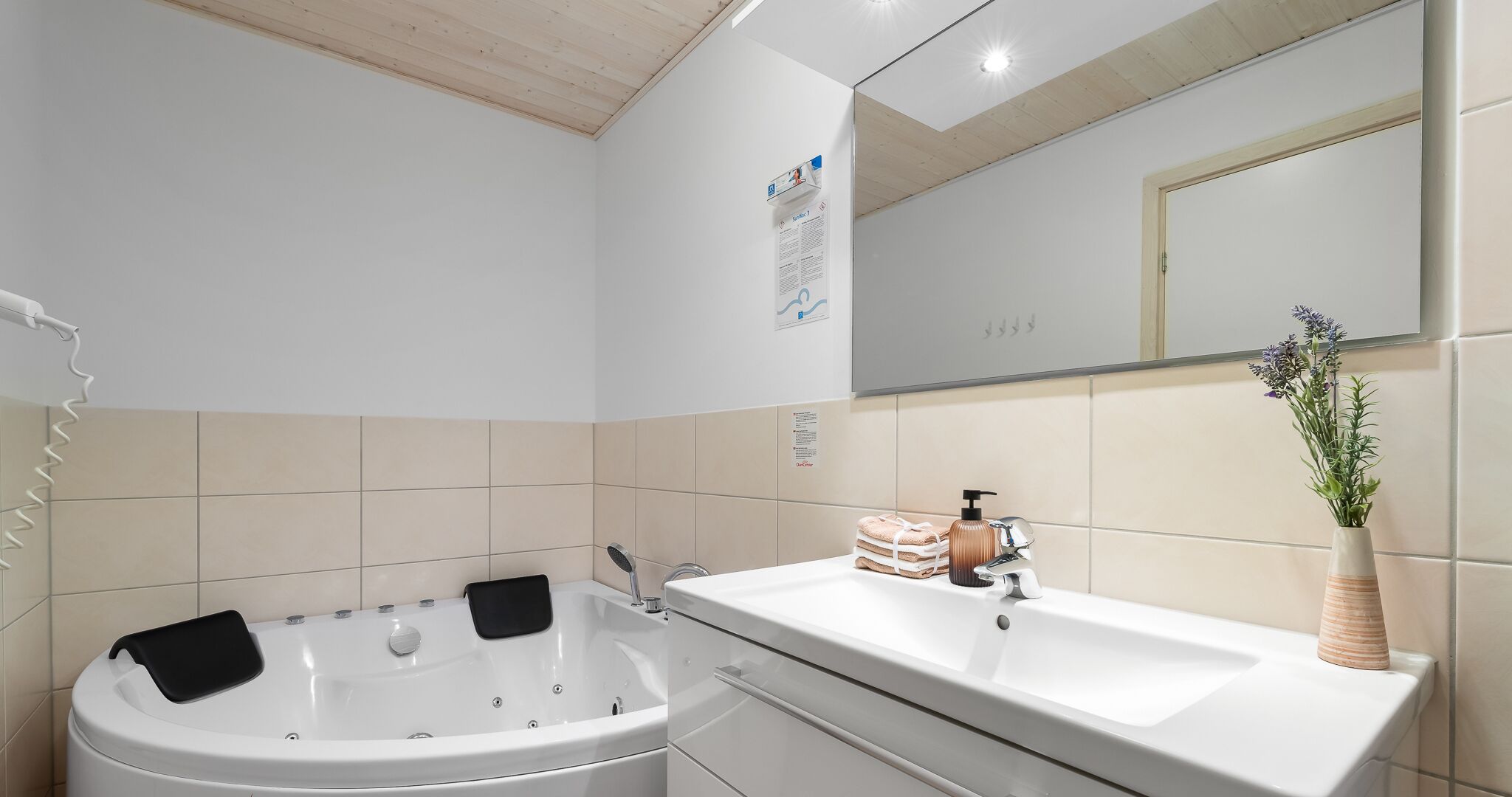 Un bagno moderno con una vasca da bagno ampia, un lavandino e uno specchio.