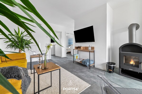 Televisión, chimenea, videoteca