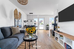 Una televisión, una chimenea, una videoteca