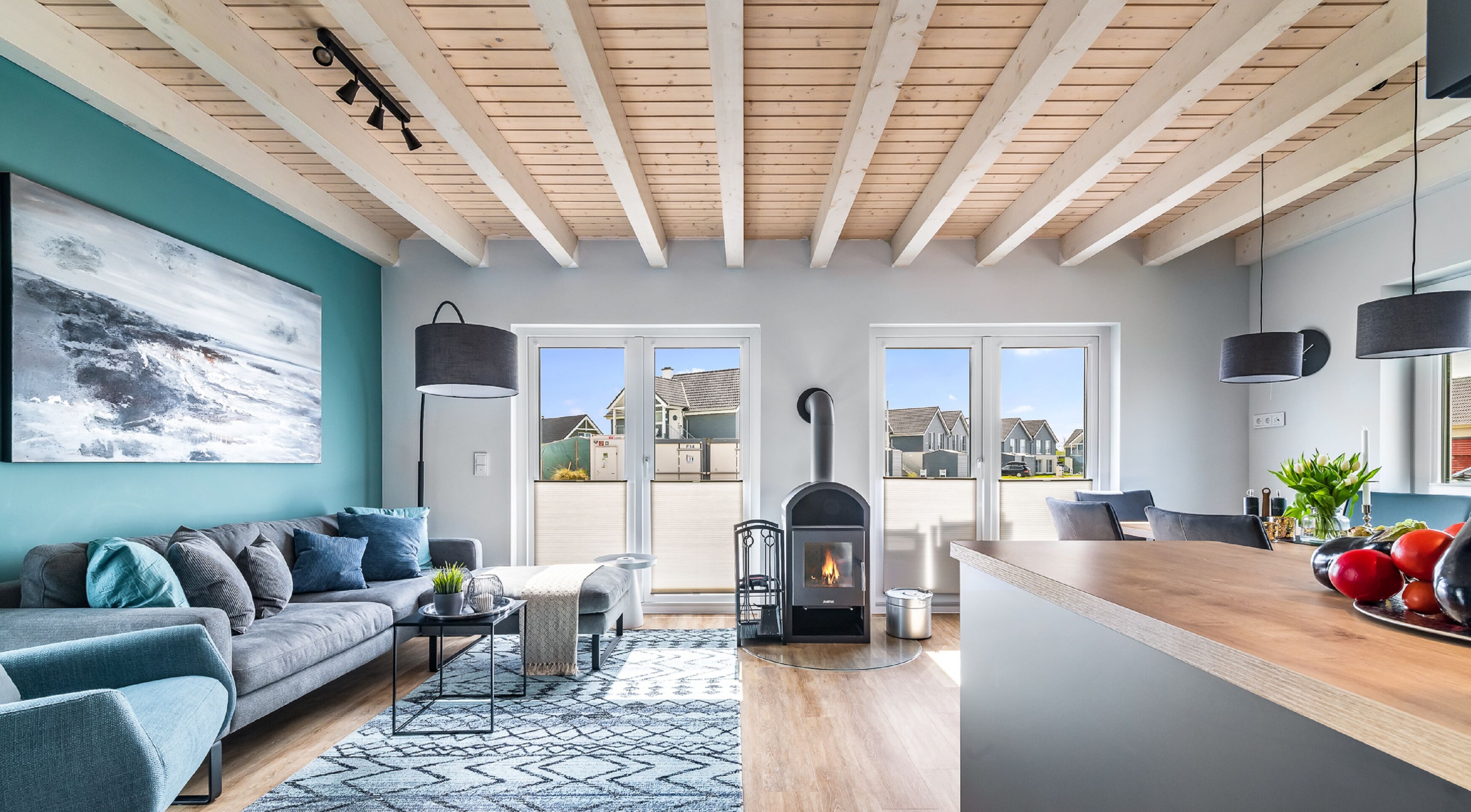 TV, fireplace, video library