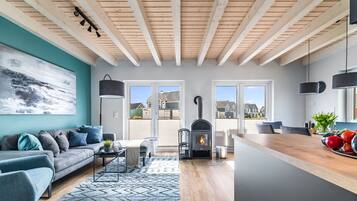 TV, fireplace, video library