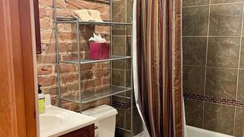 Hair dryer, towels, soap, shampoo